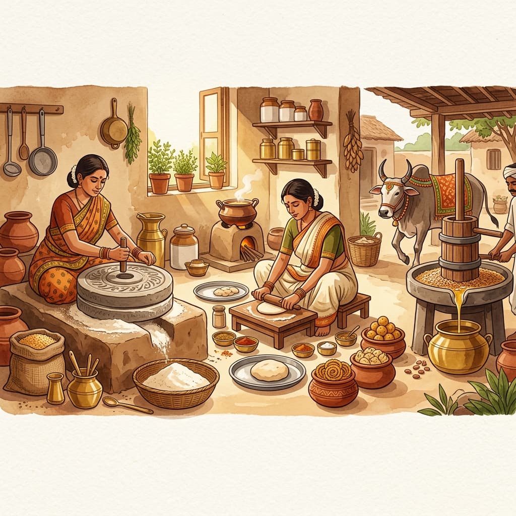 Traditional preparation — stone grinding, hand shaping, bull-driven oil press
